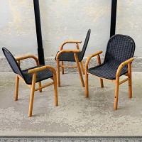 Brutalistyczne krzesła sosnowe  z wiklinowym siedziskiem, komplet 3 szt. 